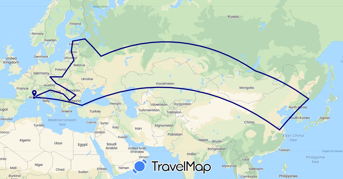 TravelMap itinerary: driving in Bulgaria, China, Czech Republic, Estonia, France, Croatia, Hungary, Italy, Lithuania, Latvia, Poland, Romania, Serbia, Russia, Slovenia, Slovakia, Turkey (Asia, Europe)