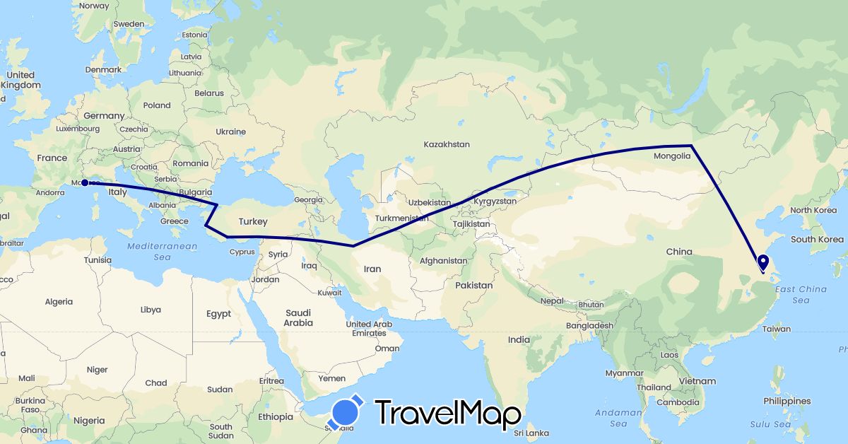 TravelMap itinerary: driving in China, France, Iran, Mongolia, Turkmenistan, Turkey, Uzbekistan (Asia, Europe)